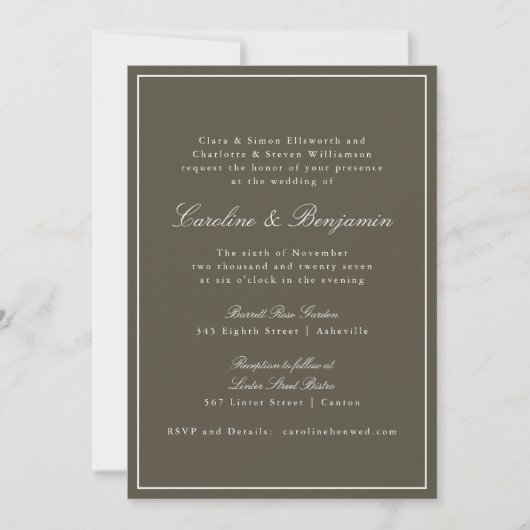 Olive Classic Border Script Elegant Wedding RSVP 招待状 (正面)