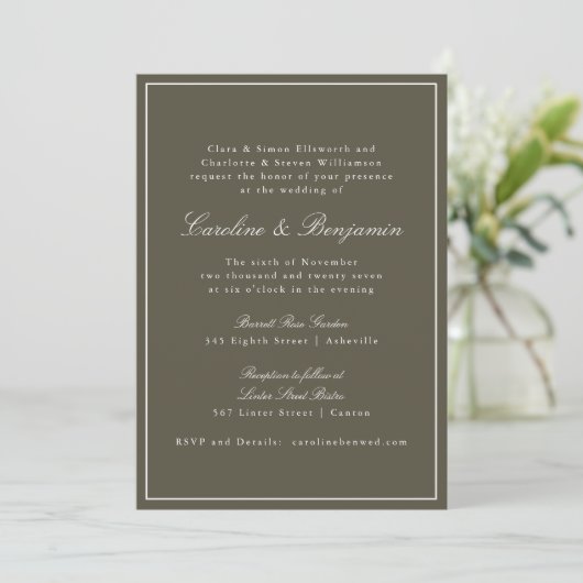 Olive Classic Border Script Elegant Wedding RSVP 招待状 (スタンド正面)