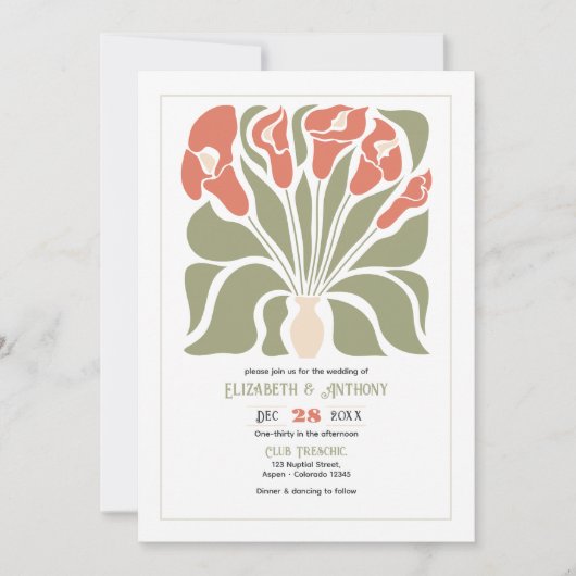 Olive & Coral Clay Abstract Floral Boho Wedding 招待状 (正面)