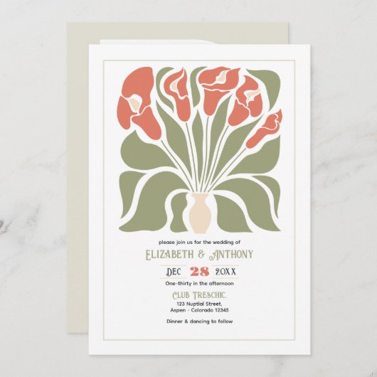 Olive & Coral Clay Abstract Floral Boho Wedding 招待状 (正面/裏面)