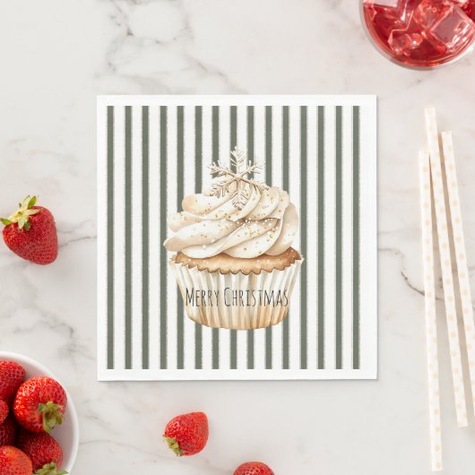 Olive Cream Stripes Snowflake Cupcake Christmas スタンダードランチョンナプキン (インサイチュ)