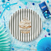 Olive Cream Stripes Snowflake Cupcake Christmas ペーパープレート (パーティー)