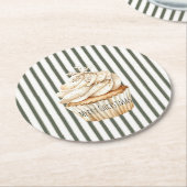 Olive Cream Stripes Snowflake Cupcake Christmas ラウンドペーパーコースター (アングル)