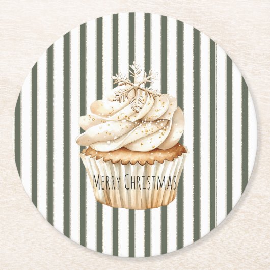 Olive Cream Stripes Snowflake Cupcake Christmas ラウンドペーパーコースター (正面)