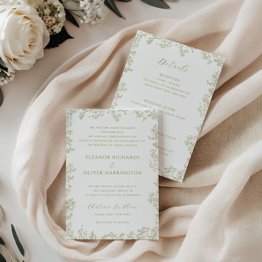 Olive Floral Line Art Border All-in-one Wedding 招待状