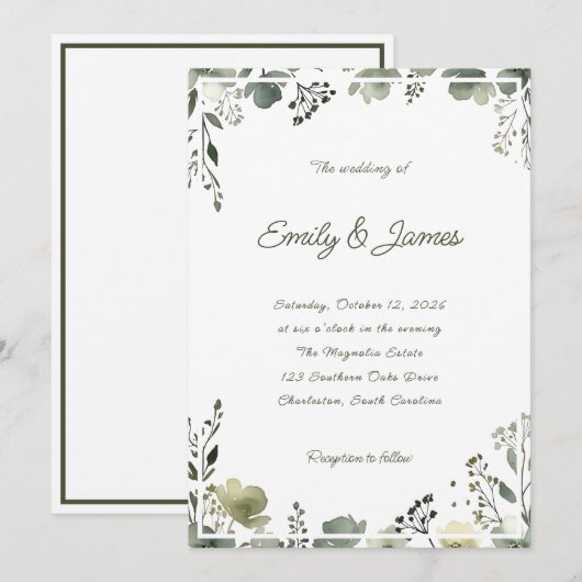 Olive Floral Wedding 招待状 (正面/裏面)
