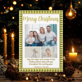 Olive Gingham Plaid 3 Photo Christmas シーズンカード