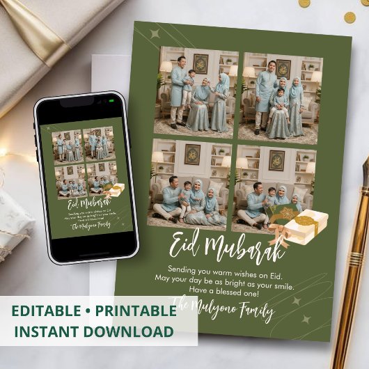 Olive Green 4 Photo Collage Eid Mubarak Card シーズンカード