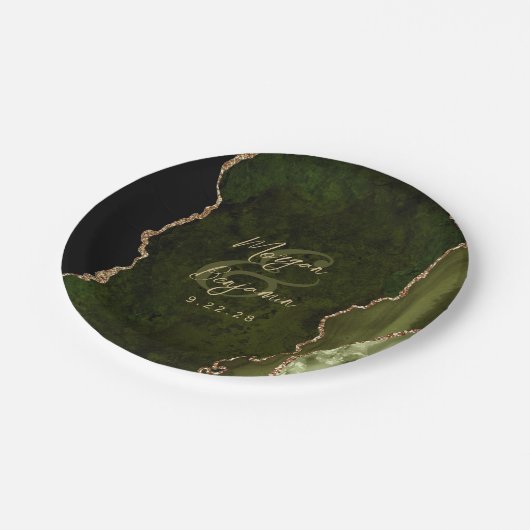 Olive Green Agate Gold Script Wedding ペーパープレート (アングル)