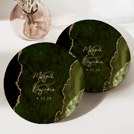 Olive Green Agate Gold Script Wedding ペーパープレート