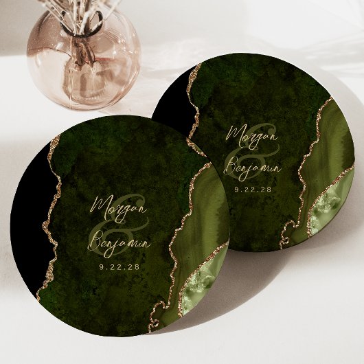Olive Green Agate Gold Script Wedding ペーパープレート