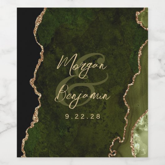 Olive Green Agate Gold Script Wedding ワインラベル (シングルラベル)
