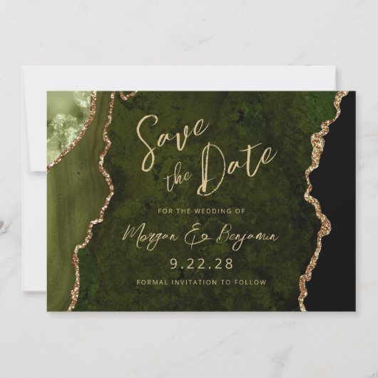 Olive Green Agate Script Wedding Save the Date セーブザデート (正面)