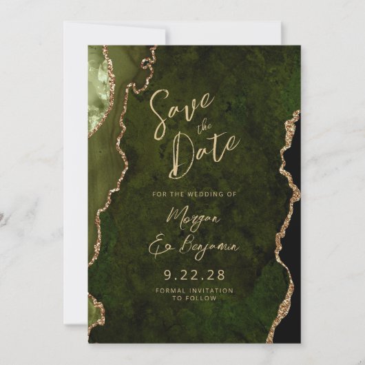 Olive Green Agate Script Wedding Save the Date 招待状 (正面)