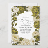 Olive Green and Cream Watercolor Floral Wedding 招待状 (正面)