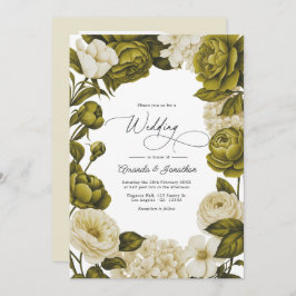 Olive Green and Cream Watercolor Floral Wedding 招待状