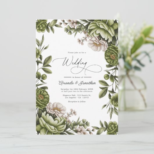 Olive Green and Neutral Floral Wedding QR Code 招待状 (スタンド正面)