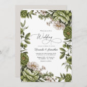 Olive Green and Neutral Floral Wedding QR Code 招待状 (正面/裏面)