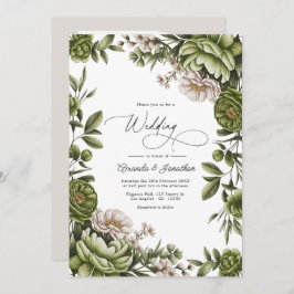 Olive Green and Neutral Floral Wedding QR Code 招待状