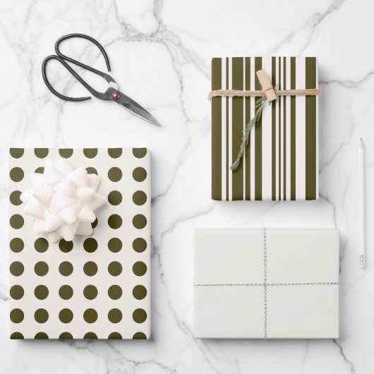 Olive Green and Old Lace Polka Dots and Stripes ラッピングペーパーシート (正面)