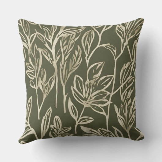 Olive Green Beige Abstract Botanical Print クッション (裏面)