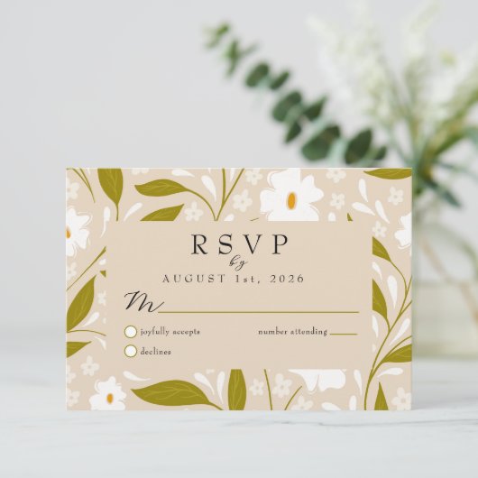 Olive Green Boho Floral Wedding RSVP Response Card (スタンド正面)