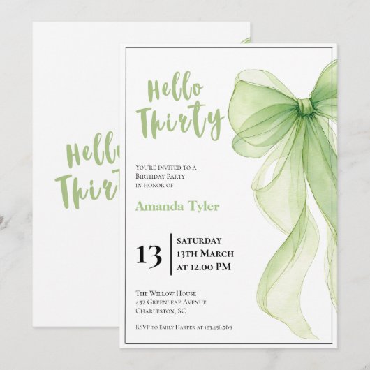 Olive Green Bow 30th Birthday Invitation 招待状 (正面/裏面)