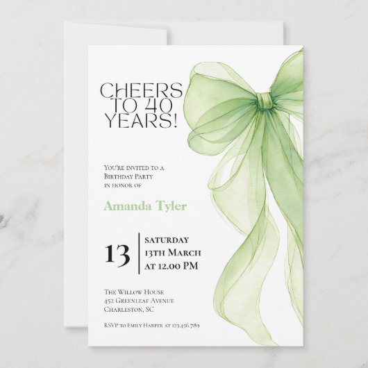 Olive Green Bow 40th Birthday Invitation 招待状 (正面)