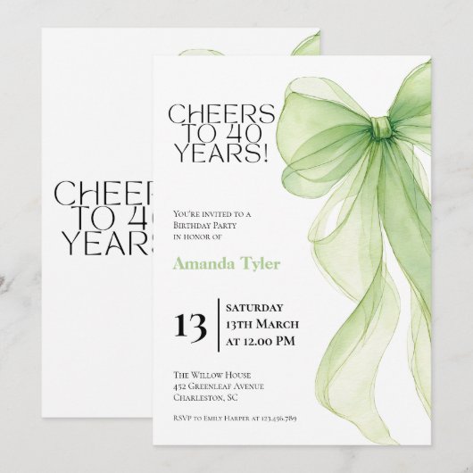 Olive Green Bow 40th Birthday Invitation 招待状 (正面/裏面)
