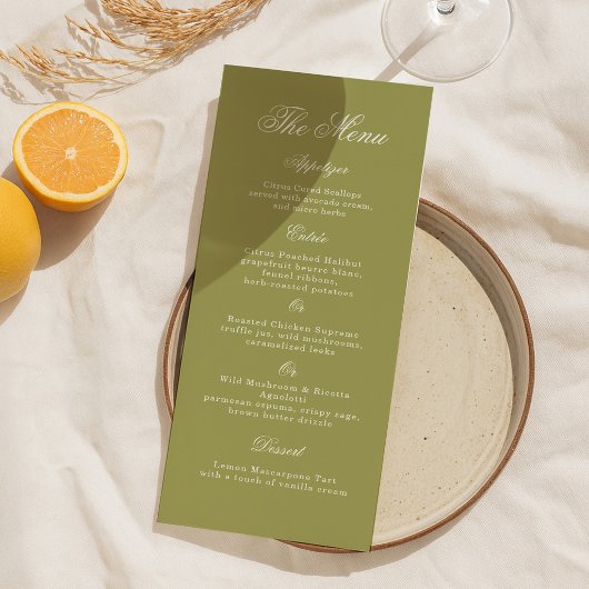 Olive Green Calligraphy Wedding Long Menu Card 招待状
