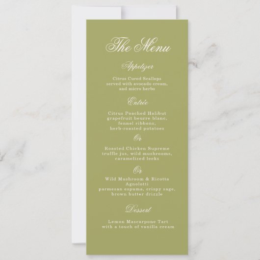Olive Green Calligraphy Wedding Long Menu Card 招待状 (正面)