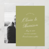 Olive Green Calligraphy Wedding Save The Date Card 招待状 (正面/裏面)