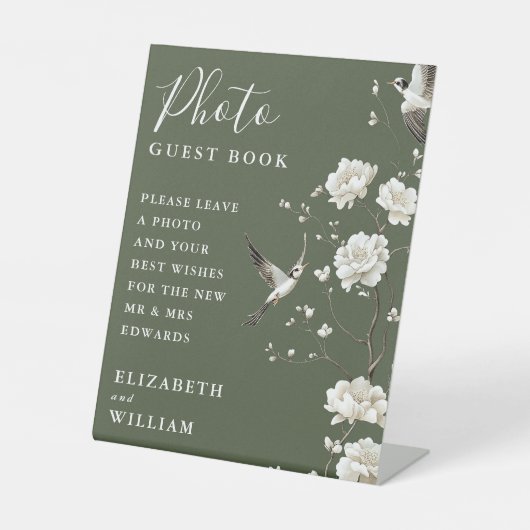 Olive Green Chinoiserie Photo Guest Book Wedding 台座サイン (正面)