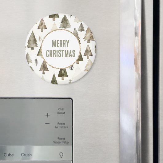 Olive Green Christmas Trees Gold Glitter Circle マグネット (インサイチュ (冷蔵庫))