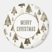 Olive Green Christmas Trees Gold Glitter Circle マグネット (正面)
