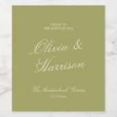 Olive Green Classic Calligraphy Wedding ワインラベル (シングルラベル)
