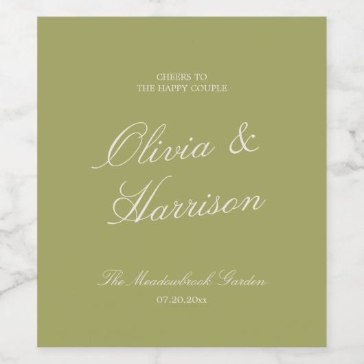 Olive Green Classic Calligraphy Wedding ワインラベル (シングルラベル)