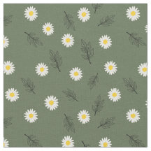 Olive Green Daisy Scatter - Combed Cotton Fabric
