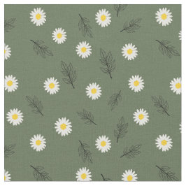 Olive Green Daisy Scatter - Combed Cotton Fabric ファブリック