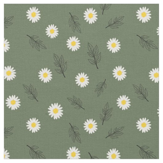 Olive Green Daisy Scatter - Combed Cotton Fabric ファブリック (クローズアップ)