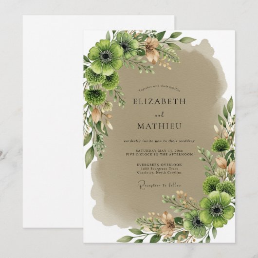 Olive Green Earthy Spring Wedding 招待状 (正面/裏面)
