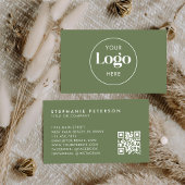 Olive Green Elegant Custom Company Logo QR Code 名刺