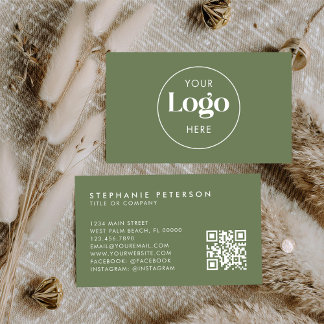 Olive Green Elegant Custom Company Logo QR Code 名刺