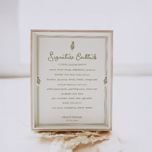 Olive Green Elegant Signature Cocktails Sign ポスター