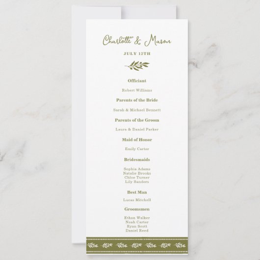 Olive Green Elegant Wedding Program Card 招待状 (裏面)