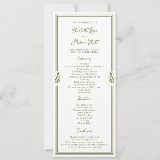 Olive Green Elegant Wedding Program Card 招待状 (正面)