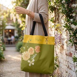 Olive Green Floral Bow Trendy Stylish Tote Bag トートバッグ