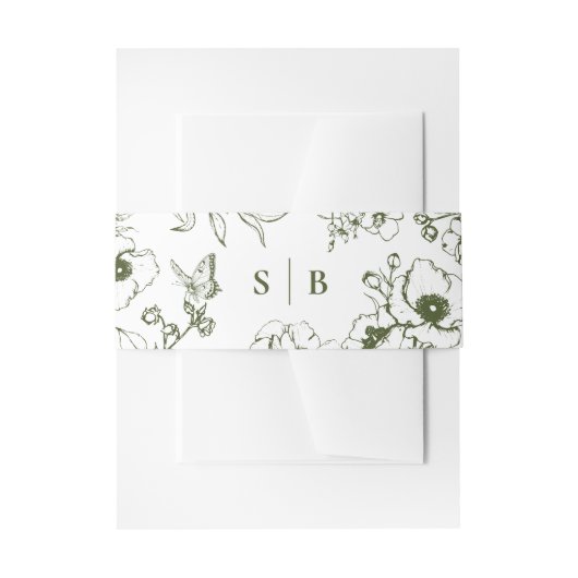 Olive Green Floral Garden Monogram Wedding 招待状ベリーバンド (正面例)
