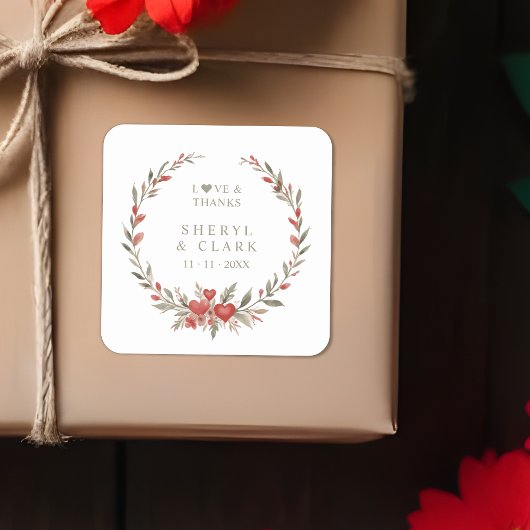 Olive Green Floral Hearts Romantic Wedding Wreath スクエアシール