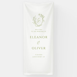 Olive Green Floral Line Art Crest Wedding Welcome 横断幕